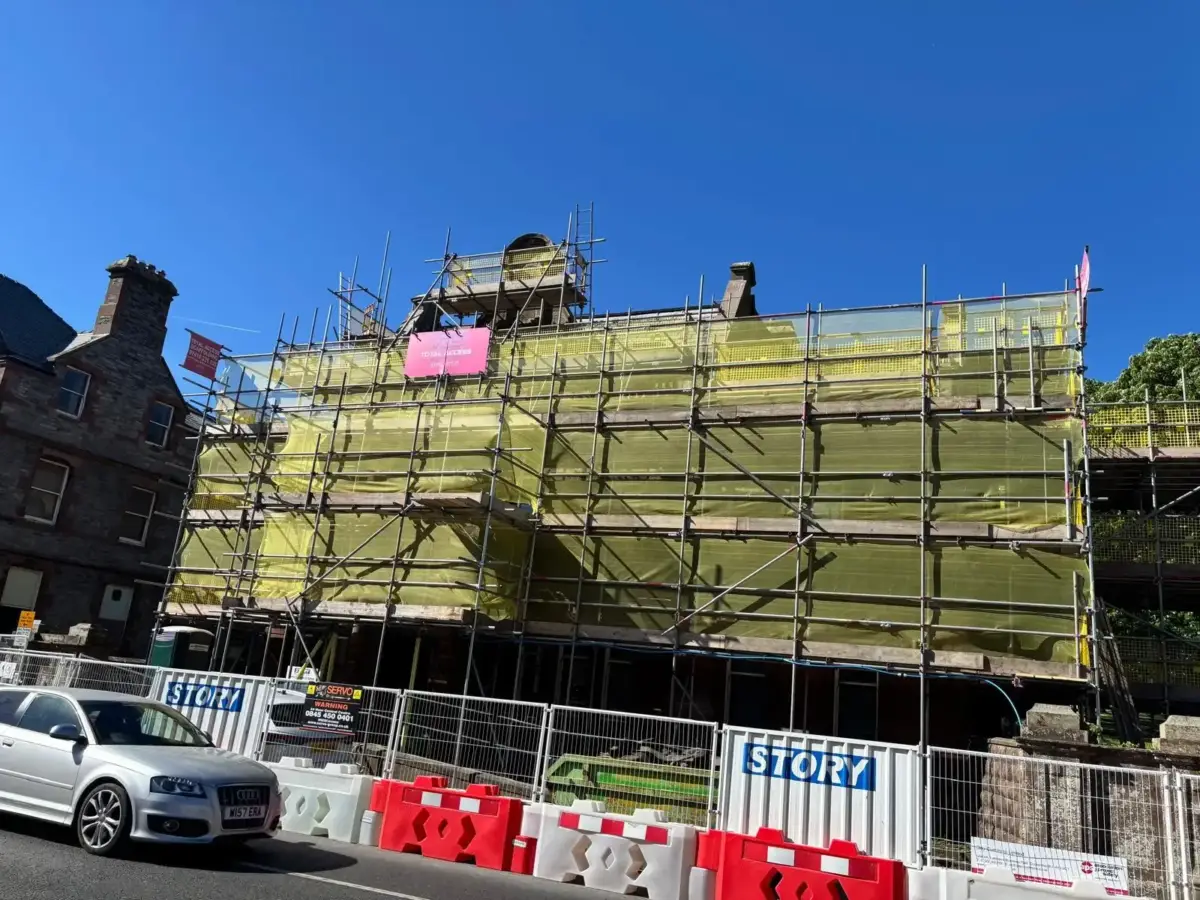 Scaffolding on Millom town centre building as part of Town Deal regeneration project