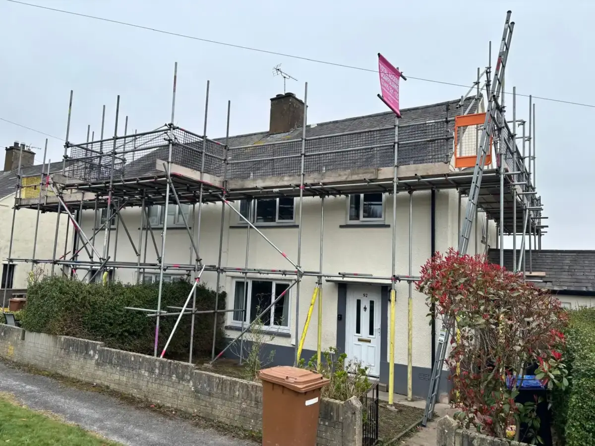 Independent scaffold tower on residential property for roof access in Barrow-in-Furness