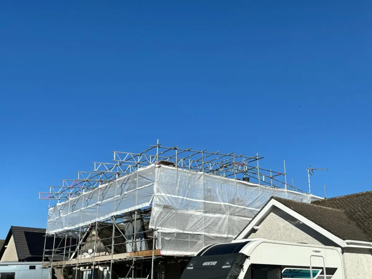 Canopy scaffold interior showing steel tube and fitting construction