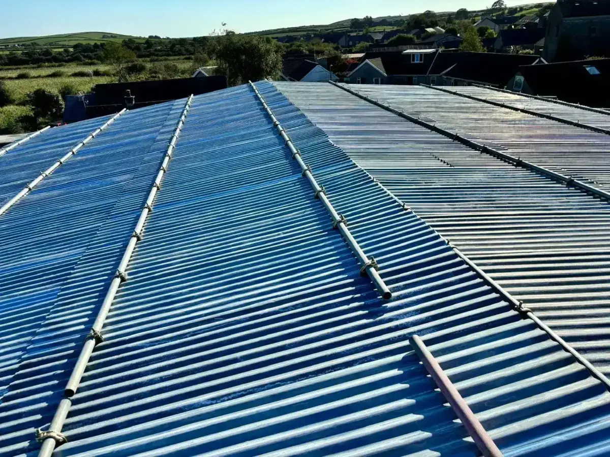 Aerial view of scaffold canopy structure covering work area