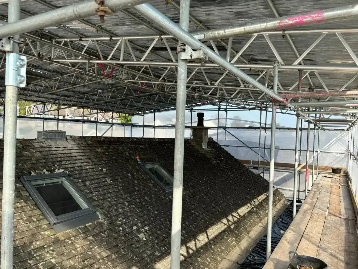 Interior workspace beneath canopy scaffolding during renovation project