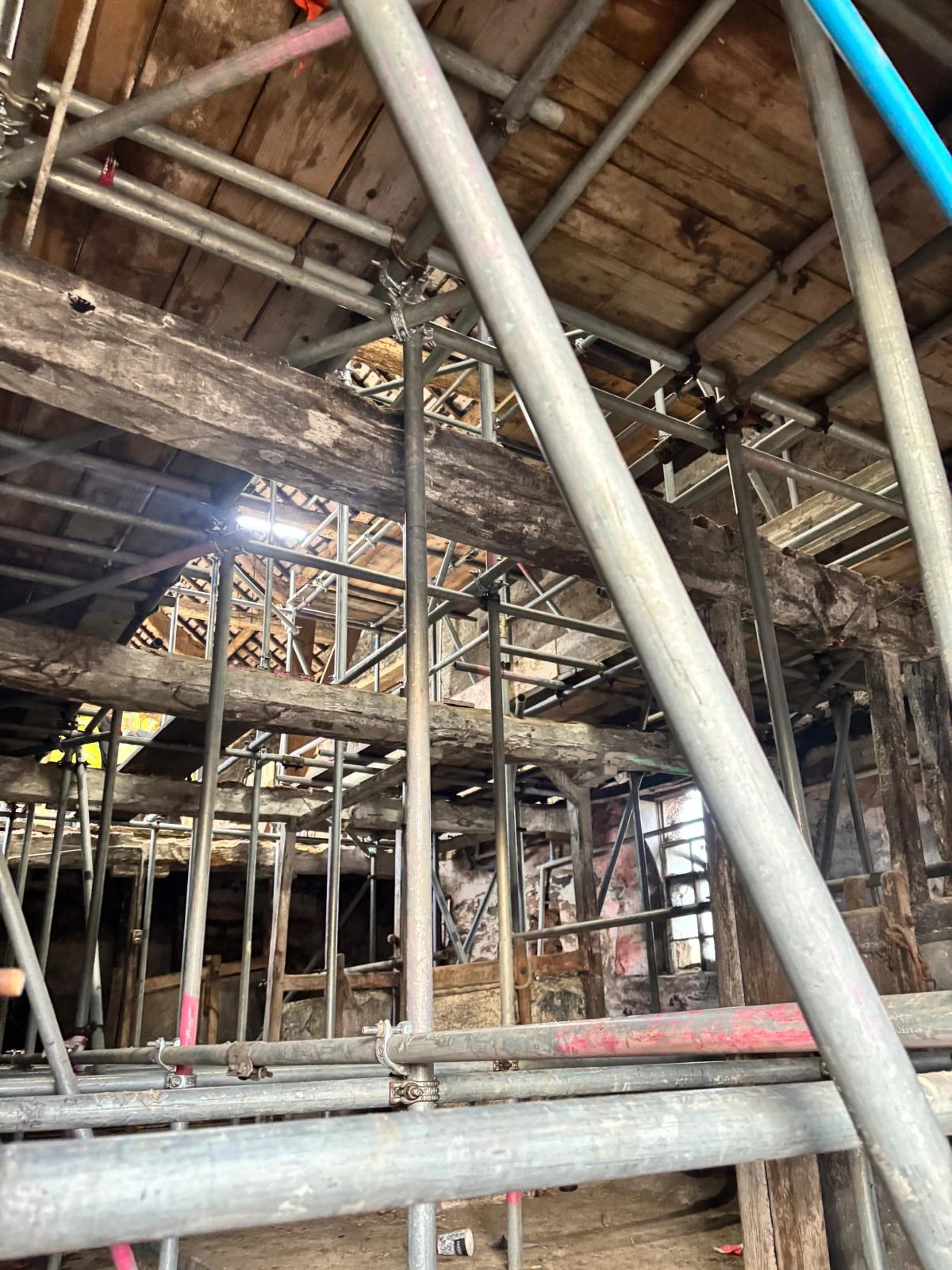 Multi-level scaffolding on Langdale Hotel providing access to all floors
