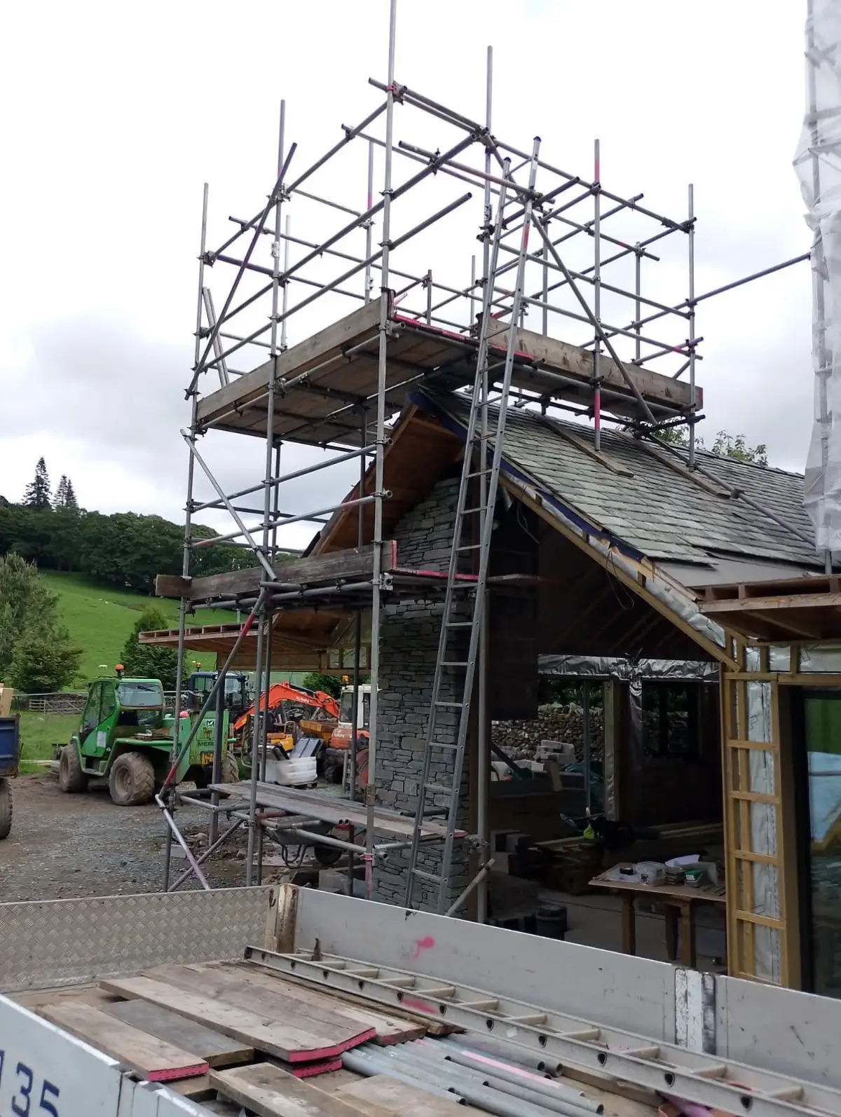 Chimney stack scaffolding erected for chimney rebuild in Ulverston, Cumbria