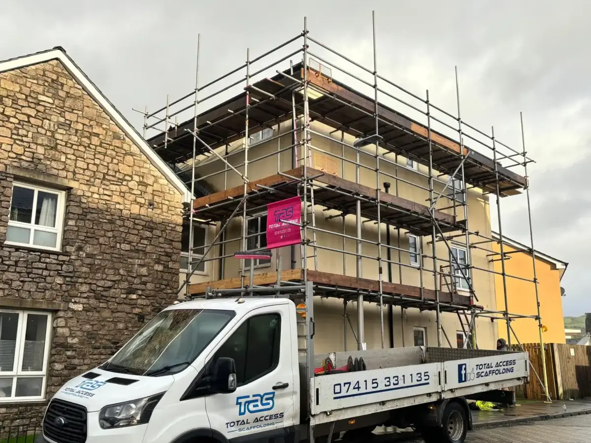 Full scaffold wrap around cottage for complete external renovation in Cumbria