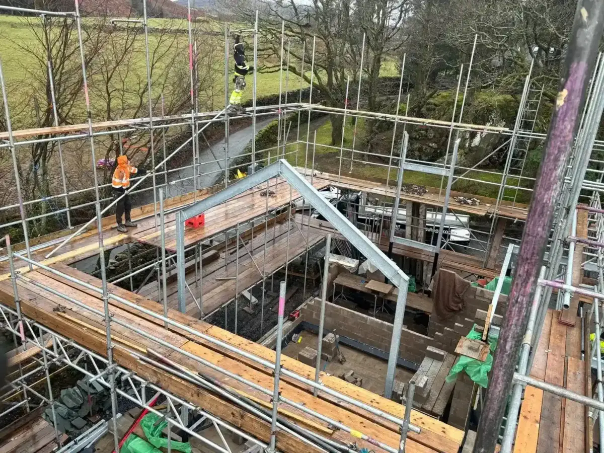 Temporary roofing scaffold canopy erected over property in Broughton Mills, Cumbria