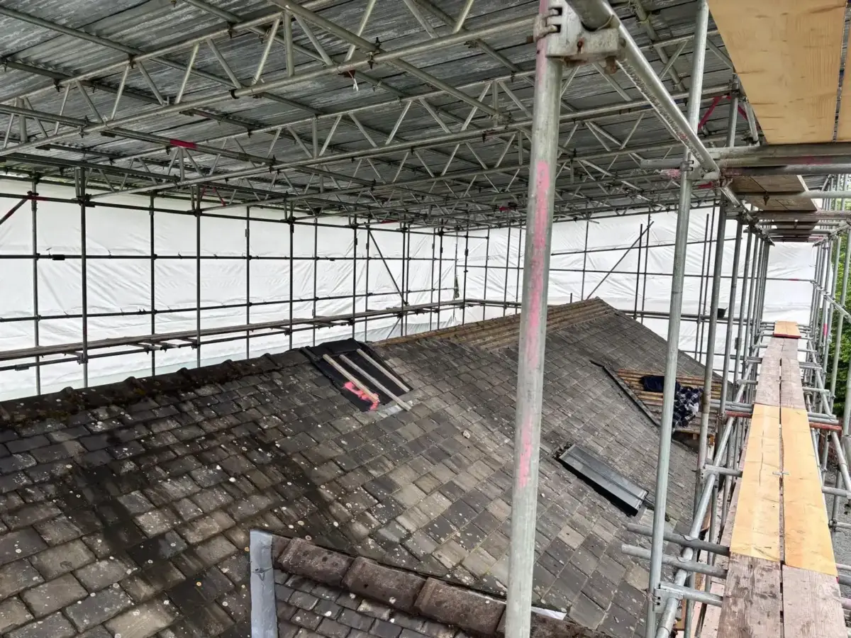 Scaffold canopy structure with side protection sheeting installed